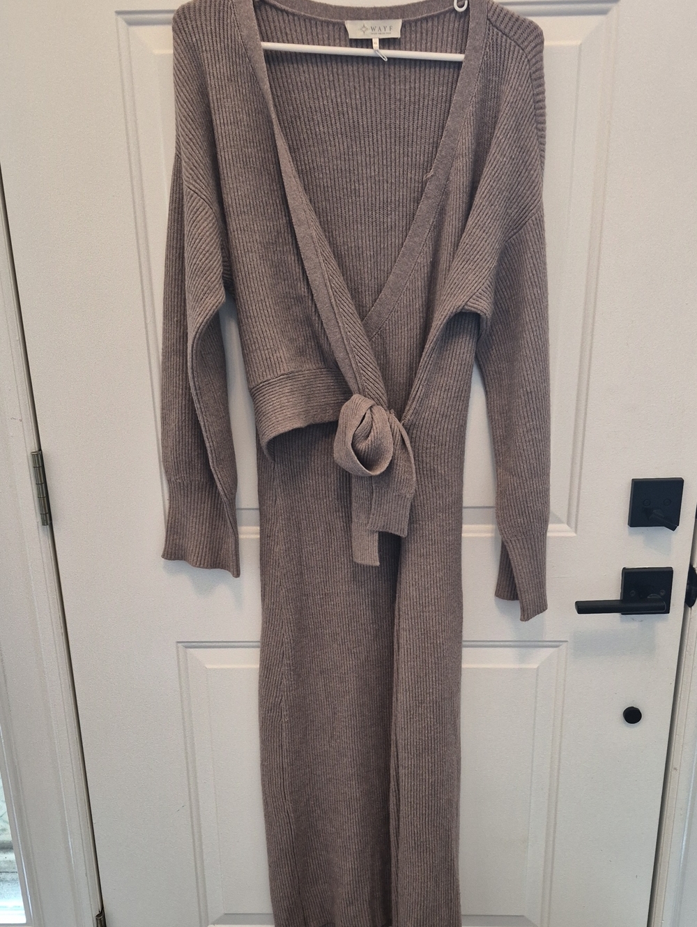 Wayf Taupe Ribbed Wrap Midi Dress